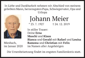 Todesanzeige von Johann Meier von merkurtz