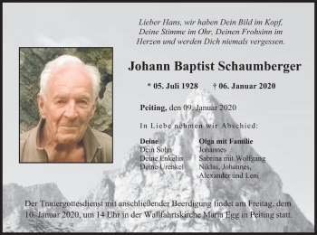 Todesanzeige von Johann Baptist Schaumberger von merkurtz