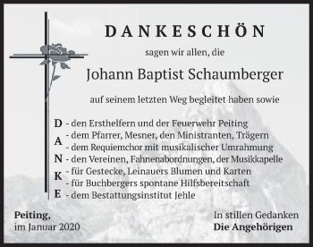 Todesanzeige von Johann Baptist Schaumberger von merkurtz