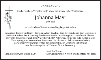 Todesanzeige von Johanna Mayr von merkurtz