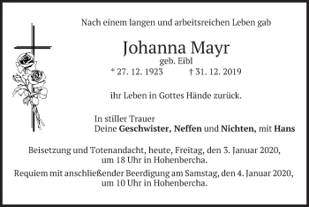 Todesanzeige von Johanna Mayr von merkurtz