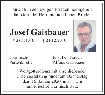 Todesanzeige von Josef Gaisbauer von merkurtz