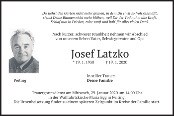 Todesanzeige von Josef Latzko von merkurtz