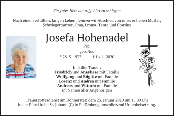 Todesanzeige von Josefa Hohenadel von merkurtz