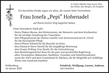 Todesanzeige von Josefa Hohenadel von merkurtz