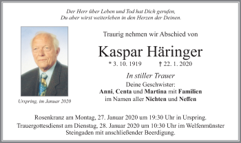Todesanzeige von Kaspar Häringer von merkurtz