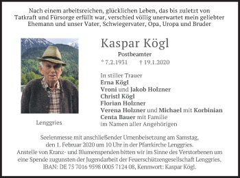 Todesanzeige von Kaspar Kögl von merkurtz