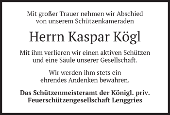 Todesanzeige von Kaspar Kögl von merkurtz
