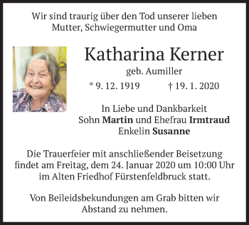 Todesanzeige von Katharina Kerner von merkurtz