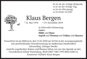 Todesanzeige von Klaus Bergen von merkurtz