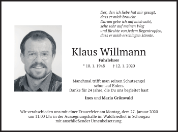 Todesanzeige von Klaus Willmann von merkurtz