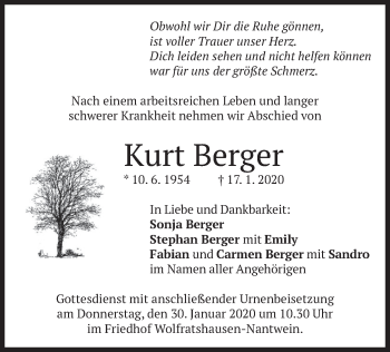 Todesanzeige von Kurt Berger von merkurtz
