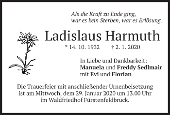Todesanzeige von Ladislaus Harmuth von merkurtz