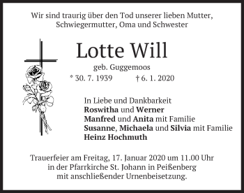 Todesanzeige von Lotte Will von merkurtz