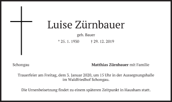 Todesanzeige von Luise Zürnbauer von merkurtz