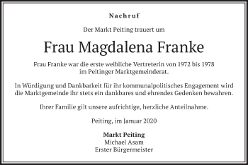 Todesanzeige von Magdalena Franke von merkurtz