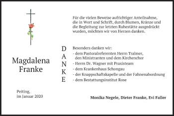 Todesanzeige von Magdalena Franke von merkurtz