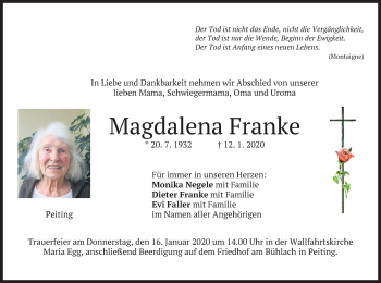 Todesanzeige von Magdalena Franke von merkurtz