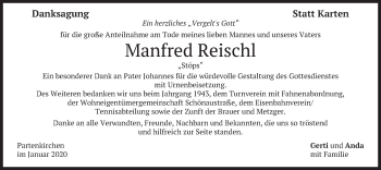 Todesanzeige von Manfred Reischl von merkurtz