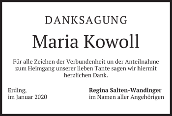 Todesanzeige von Maria Kowoll von merkurtz