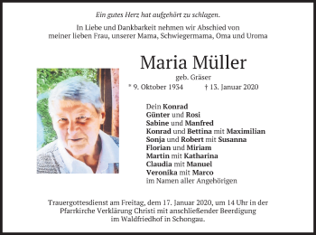 Todesanzeige von Maria Müller von merkurtz