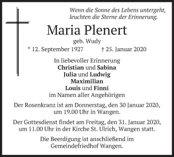 Todesanzeige von Maria Plenert von merkurtz