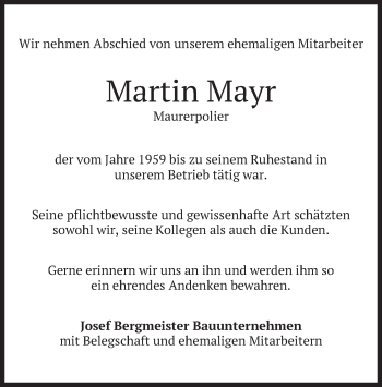 Todesanzeige von Martin Mayr von merkurtz