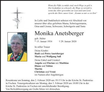 Todesanzeige von Monika Anetsberger von merkurtz