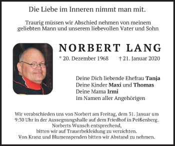 Todesanzeige von Norbert Lang von merkurtz