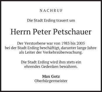 Todesanzeige von Peter Petschauer von merkurtz