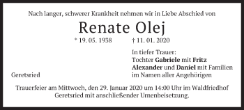 Todesanzeige von Renate Olej von merkurtz