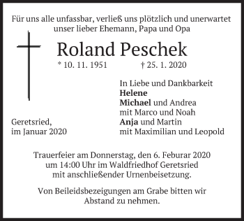 Todesanzeige von Roland Peschek von merkurtz