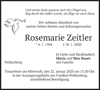 Todesanzeige von Rosemarie Zeitler von merkurtz