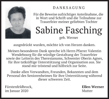 Todesanzeige von Sabine Fasching von merkurtz