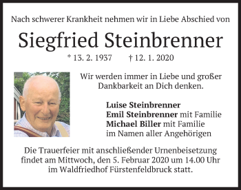 Todesanzeige von Siegfried Steinbrenner von merkurtz