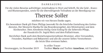 Todesanzeige von Therese Soller von merkurtz