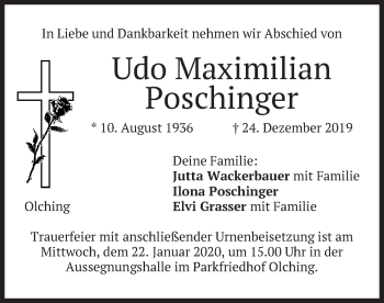 Todesanzeige von Udo Maximilian Poschinger von merkurtz