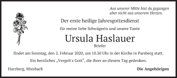 Todesanzeige von Ursula Haslauer von merkurtz