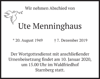 Todesanzeige von Ute Menninghaus von merkurtz