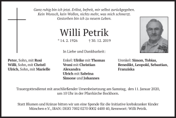 Todesanzeige von Willi Petrik von merkurtz