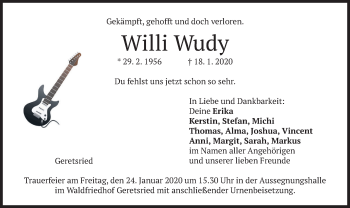 Todesanzeige von Willi Wudy von merkurtz