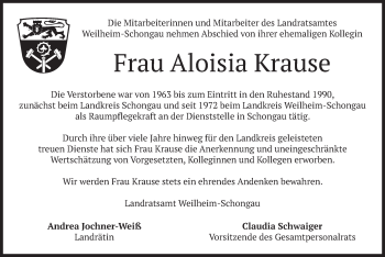 Todesanzeige von Aloisia Krause von merkurtz