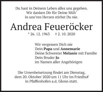Todesanzeige von Andrea Feueräcker von merkurtz
