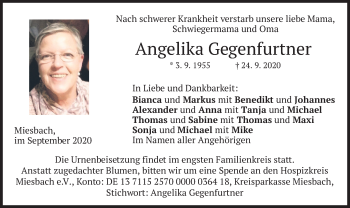 Todesanzeige von Angelika Gegenfurtner von merkurtz