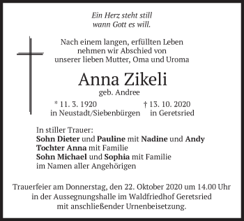 Todesanzeige von Anna Zikeli von merkurtz