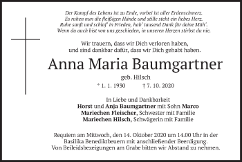 Todesanzeige von Anna Maria Baumgartner von merkurtz