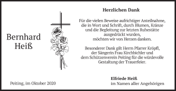 Todesanzeige von Bernhard Heiß von merkurtz