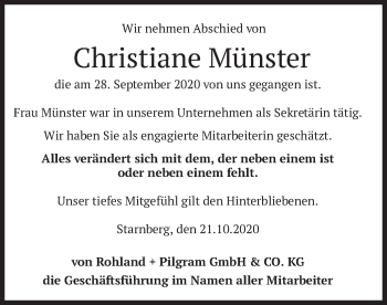 Todesanzeige von Christiane Münster von merkurtz