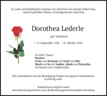 Todesanzeige von Dorothea Lederle von merkurtz