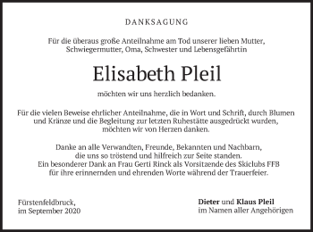 Todesanzeige von Elisabeth Pleil von merkurtz